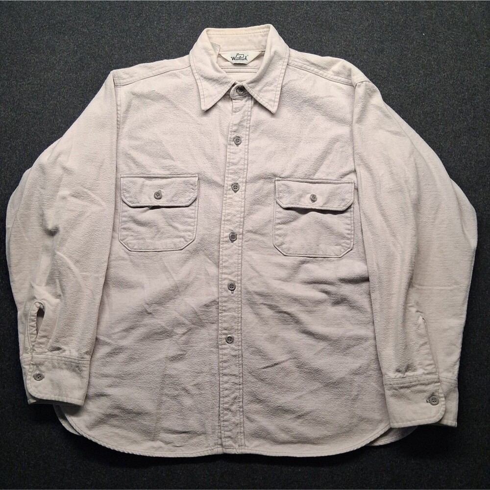 Vintage 80s Woolrich Chamois Heavy Button Up Shirt Ivory Beige Men's Size XL USA